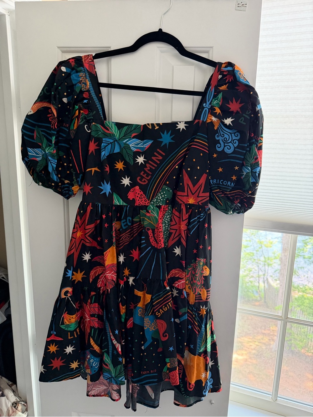 FARM Rio Zodiac Black Square-Neck Puff-Sleeve Mini Dress Large - Picture 2 of 2